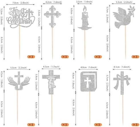 Rsstarxi 24 Pack First Holy Communion Cupcake Toppers Christian Baptism Baby Shower Cake Decorations Dove God Bless Cross Cupcake Picks for First Communion Party Decorations Silver
