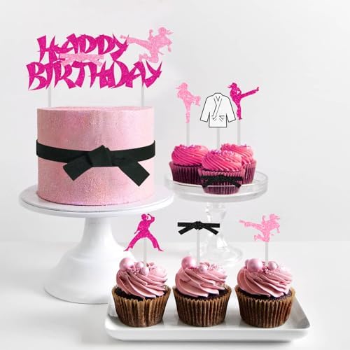Sursurprise Karate Birthday Decorations, 25Pcs Happy Birthday Cake Topper Karate Cupcake Toppers for Girls Taekwondo Martial Arts Party Supplies