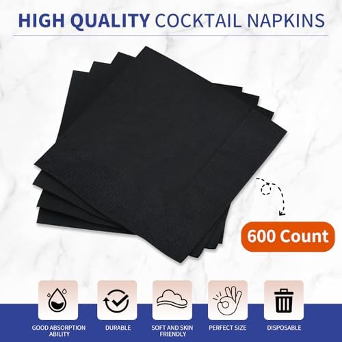 Cocktail Napkins - 600 Count 2-Ply Black Beverage Napkins, 4.75 x 4.75 Inch Folded Napkins Disposable, Paper Napkins for Bar Party Dinner Wedding and Everyday Use