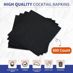 Cocktail Napkins - 600 Count 2-Ply Black Beverage Napkins, 4.75 x 4.75 Inch Folded Napkins Disposable, Paper Napkins for Bar Party Dinner Wedding and Everyday Use