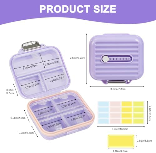 Travel Pill Organizer Box with Labels, 7 Compartments Portable Mini Pill Case, Daily Medication Organizer Storage Pill Container for Pocket Pharmacy(Purple, S)