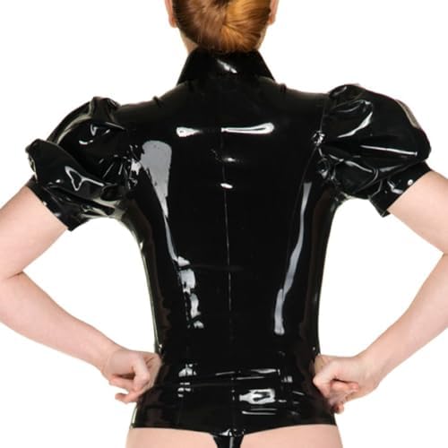 Women's Black Latex T-shirts,Rubber Puff Sleeve Tops,Front Zipper,Suitable for Novelty Latex Club Wear