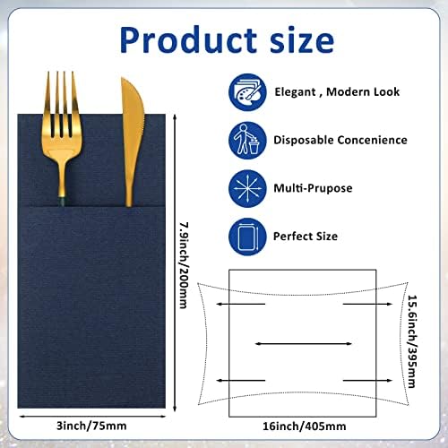 Cindeer 75 Pcs Navy Blue Napkins Disposable Linen Feel Dinner Paper Napkins with Built in Flatware Pocket Prefolded Airlaid Paper Guest Hand Towel for Silverware Wedding Reception Baby Shower