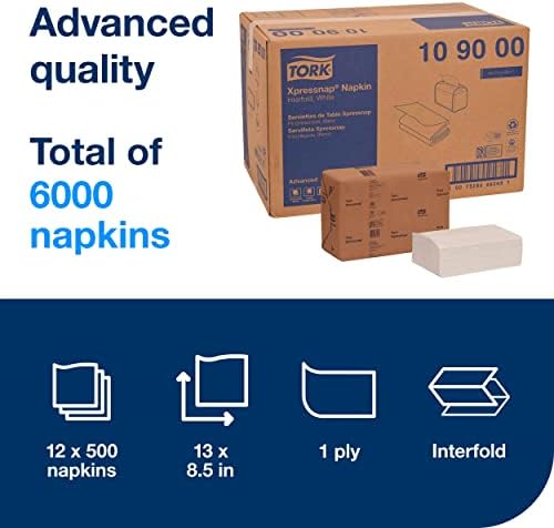 Tork Xpressnap® White Dispenser Napkin N4, One-at-a-Time Dispensing, 1-ply, 1/4 Fold, 13" x 8.5 ", 12 x 500 Napkins, 109000