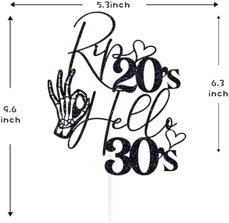 Black Glitter Rip 20's Hello 30's Cake Topper, Death to My Twenties Décor, Old English Disco Gothic Themed 30th Birthday Oarty Decorations Supplies