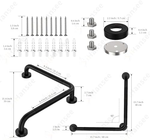 Black Angled Grab Bar 16x16 Inch, Stainless Steel Bathroom Grab Bar w/Anti-Slip Knurled Grip, Wall Mounted Bathtub Toilet Safety Handrail for Elderly Senior, L-Shaped Grab Bar for Shower