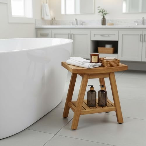 Asta Saba Solid Teak Indoor Outdoor Shower/Bath/Spa Stool Bench with Bottom Shelf, Fully Assembled, TB-115A