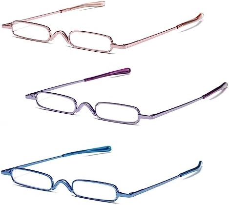 3 Pack Slim Pen Reading Glasses Metal Frame & Case Compact Portable Spring Hinge Eyeglasses for Women Men (Pink, Purple, Blue, +1.75)