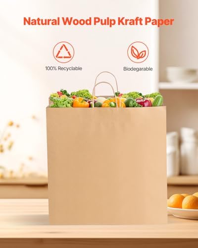 VEVOR Kraft Paper Bags with Handles, 100Pcs 18 x 7 x 19 in, Large Paper Grocery Bags, Reusable & 100% Recycled Take-Out Sacks, Plain Party Bag Bulk for Birthday, Wedding, Business, Goody, Brown