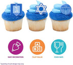 DecoPac Hanukkah Cupcake Toppers | 24 Cake Decorations, Menorah, Dreidel, Star Of David | Blue & White, Food Safe – 24 Pack