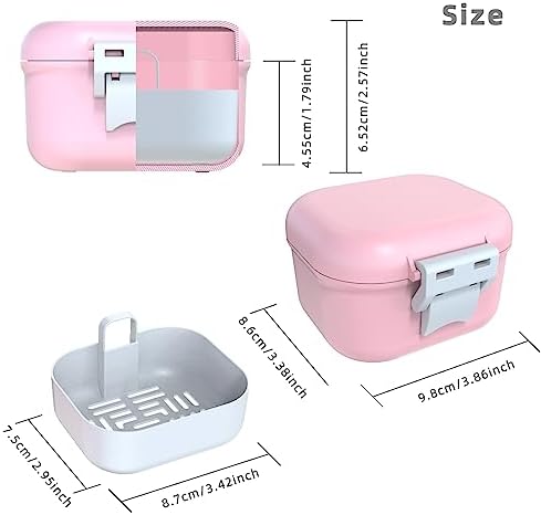 ARGOMAX Leak Proof Denture Bath Cup, Portable Soaking Denture Box, Denture Bath Case with Strainer, for Dentures and Braces (Pink + White).