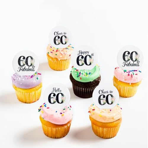 40Pcs Edible Circle Happy 60th Birthday Cupcake Toppers Edible Floral Hello 60 Fabulous Cheers to 60 Cupcake Picks Drink Toppers for Funny Female Floral 60th Birthday Party Decorations