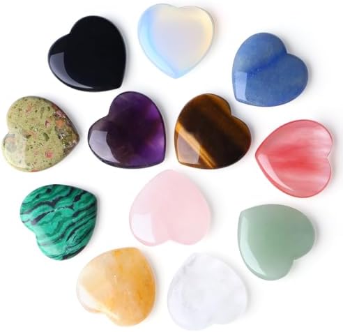 DUQGUHO 1 Inch Hearts Crystals and Healing Stones Reiki Gems Healing Crystals Amethyst Crystal Hearts Set Rose Quartz Heart Shaped Crystals Bulk Polished Gemstones Spiritual Gifts for Women 12 PCS
