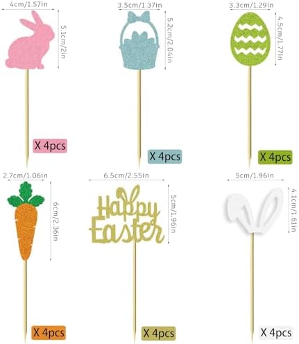 24Pcs Easter Cupcake Toppers - Bunny Rabbit Carrot Egg with Glitter, Spring Party Decorations for Cupcake, Baby Shower, Easter Party Supplies