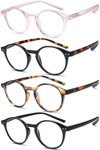 EYEURL 4-Pack Round Reading Glasses for Women Men Blue Light Glasses Retro Round Computer Readers With Spring Hinges Anti Glare Filter Lightweight Eyeglasses 2.0