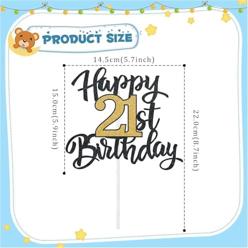 21st Birthday Cake Topper, Happy 21st Birthday Cake Topper, 21 Cake Topper for Him or Her, Black and Gold Glitter Cake Decoration for 21st Birthday Decorations, Men Women Adult Birthday Party Decor