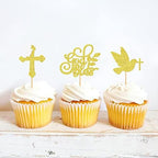 24Pcs Glitter Golden Cross Dove God Bless Cupcake Toppers First Holy Communion Cupcake Picks for Baptism Baby Shower Church Service Christian Birthday Party Cake Decorations