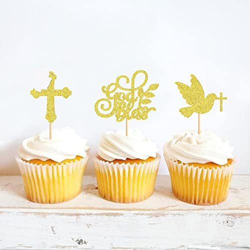 24Pcs Glitter Golden Cross Dove God Bless Cupcake Toppers First Holy Communion Cupcake Picks for Baptism Baby Shower Church Service Christian Birthday Party Cake Decorations