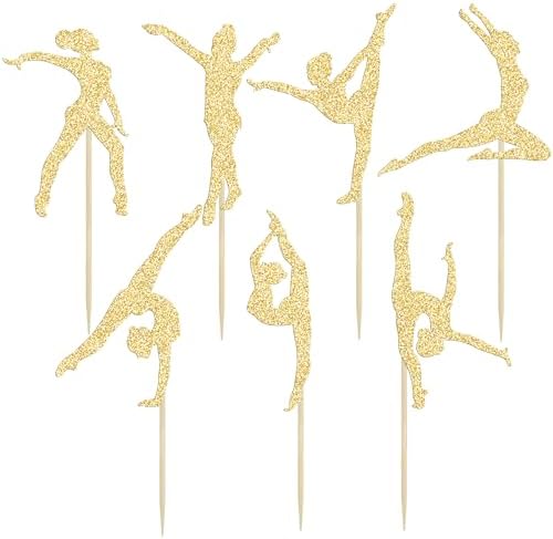 Gyufise 28pcs Gold Gymnast Cupcake Toppers - Gymnastics Birthday Party Supplies for Gym Theme Decoration - 2x5.5in Paper Toppers - 28 Count