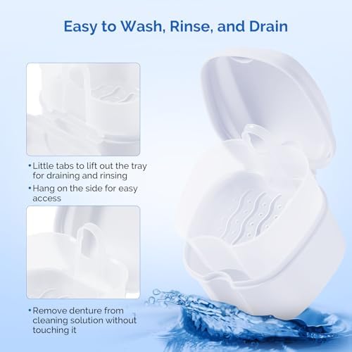 JMU Denture Bath Case with Strainer Basket Soaking Cup & Mouthguard Storage Container (White)