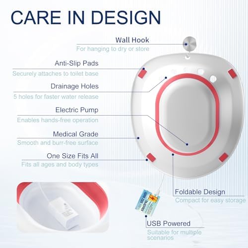 Electric Sitz Bath for Toilet Seat, Hemorrhoids and Postpartum Care - Yoni Steam Seat - Perineal Soaking, Collapsible, Wide Seat, Deeper Bowl - Use w/Sitz Bath Salt - Pink