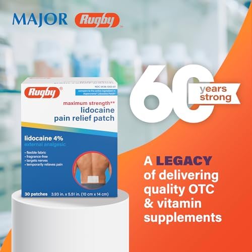 Rugby Maximum Strength Lidocaine Pain Relief Patch - 4% Lidocaine - Topical Anesthetic - Unscented - 30 Patches (1 Pack)