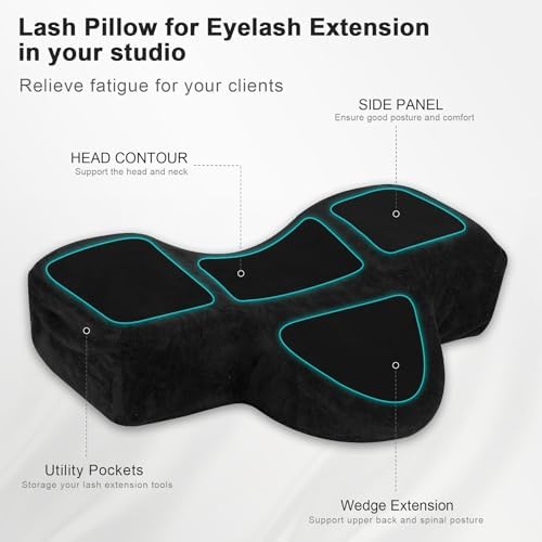 IMENE Lash Pillow for Lash Extensions- Memory Foam Lash Pillows with Neck and Back Support, Ergonomic Lash Bed Pillow with Velvet Pillowcase and Lash Organizer Pockets（Black）