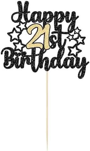 Gyufise 1Pc Happy 21st Birthday Cake Topper Black Gold Glitter Cheers to 21 Years Birthday Cake Pick 21 Fabulous Cake Decoration for 21st Wedding Anniversary Party Supplies