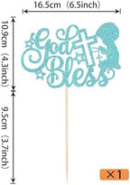Rsstarxi 1 Pack God Bless Cake Topper Glitter God Bless Boy First Communion Baptism Cake Pick Decorations for Baptism Baby Shower Birthday Party Cake Decorations Blue