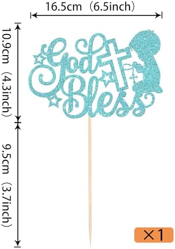 Rsstarxi 1 Pack God Bless Cake Topper Glitter God Bless Boy First Communion Baptism Cake Pick Decorations for Baptism Baby Shower Birthday Party Cake Decorations Blue