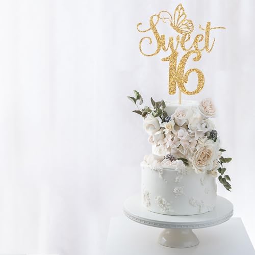 Sweet 16 Cake Topper, Happy 16th Birthday Cake Topper, Happy Sweet Sixteen Cake Decorations, 16th Birthday Party Decorations (Gold Glitter)