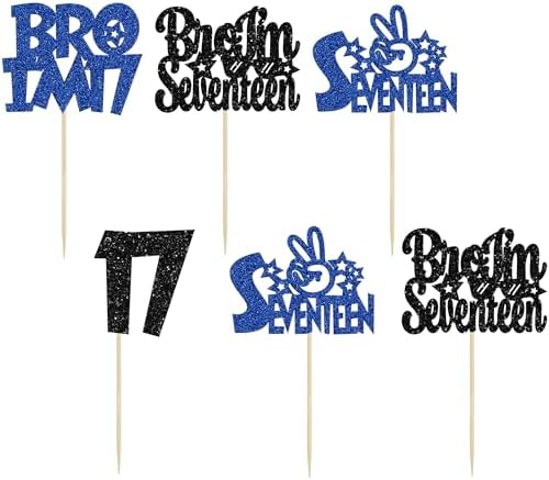 Ephlyn 24Pcs Bro I'm 17 Cupcake Toppers Glitter Boy 17th Birthday Cupcake Pick Decorations for Cheers to Seventeen Years Old Big Brother 17th Birthday Party Supplies
