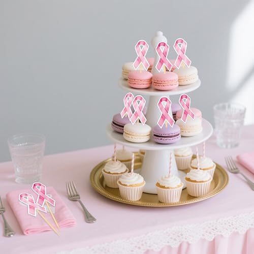 24 Pcs Pink Ribbon Cupcake Toppers for Fight Hope Believe Breast Cancer Awareness Party Decoration and Cake Decor Supplies