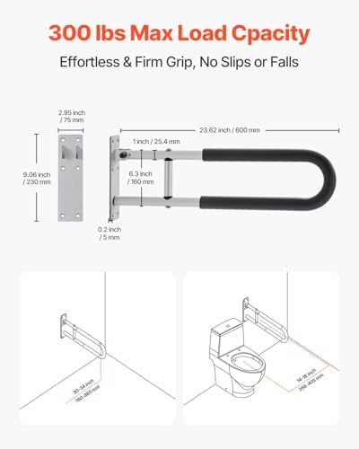 VEVOR Toilet Safety Rail, 23.8 Inch U-Shaped Handicap Grab Bar, Foldable Senior Safety Pole, Flip Up Toilet Grab Bar with Anti-Slip Support Handle, 300 Lb Load Capacity for Elderly, Disabled, Pregnant