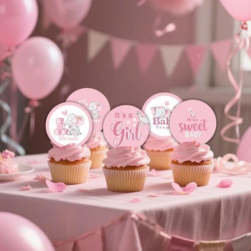 45 PCS Edible Pink Elephant Cupcake Toppers Picks Gender Reveal Cake Decorations for Elephant Theme Baby Shower Kids Birthday Party Cake Decorations Supplies