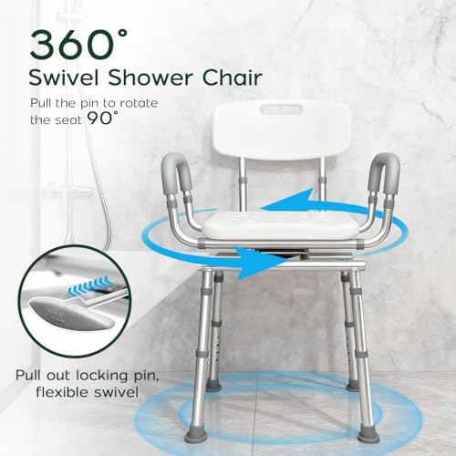 Swivel Shower Chair with Arms and Back, 450lbs Heavy Duty Shower Chair for Elderly and Disabled, Handicap Shower Chairs for Inside Shower Stool & Bath Tub Seat for Adults