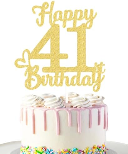 41 Birthday Cake Toppers - Gold Glitter, 41st Decorations for Men & Women