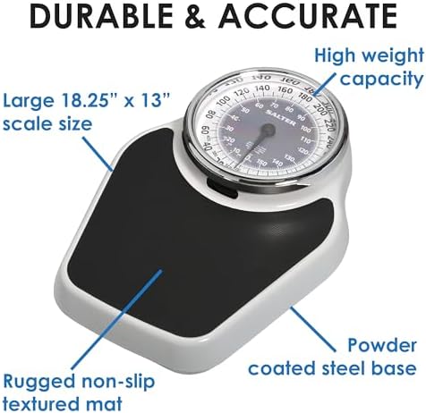 Salter Pro-Helix Professional Oversized Bathroom Scale with Black Vinyl Anti-Slip Bath Mat, 400 LB Capacity, Analog Scale, 18.25" x 13.0" Black/White