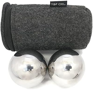 Top Chi 2.3 lb. 2 Inch Solid Stainless Steel Baoding Balls with Carry Pouch. Non-Chiming Chinese Health Balls for Hand Therapy, Exercise, and Stress Relief