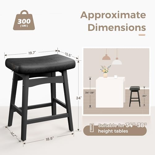 MAISON ARTS Black Counter Height Bar Stool for Kitchen Counter Solid Wood Legs with Faux Leather Saddle Seat Farmhouse Barstool for 34"-38" Counter Island Upholstered Stool, 24in Height, 1pc