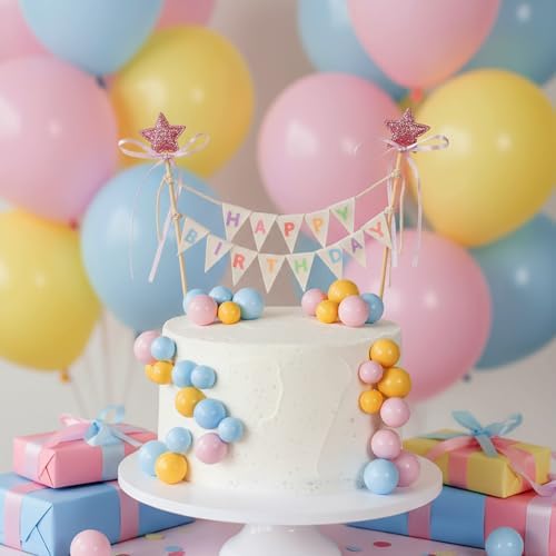 16 Pcs Happy Birthday Cake Topper Cake Bunting Topper Banner with Wood Pole Rainbow Garland with Bow Ribbon Balloon Cupcake Decor for Birthday Baby Shower (Pink,Blue,Yellow)