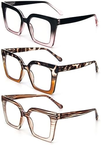 KoKoBin 3 Pack Stylish Square Frame Oprah Style Reading Glasses for Women, Blue Light Blocking Comfortable Readers