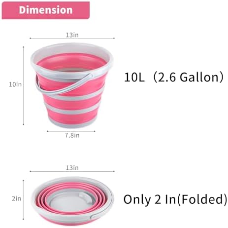 Collapsible Bucket 10L 2.6 Gallon Cleaning Bucket Mop Bucket Folding Foldable Portable Small Plastic Water Supplies for Outdoor Garden Camping Fishing Car Wash Space Saving Grey and Pink