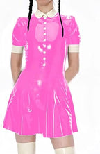 Female Turndown Collar Leather Dress Casual Short Sleeve Mini Dress Buttons PVC Dress,Light Pink,XXL