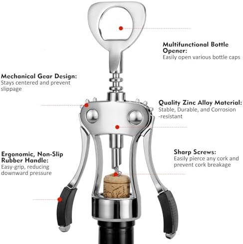 KORCCI Wine Opener 2 Pcs, Wine Bottle Opener, Zinc Alloy Wing Corkscrew Heavy Duty, Cork Screw Beer Opener for Bartenders, Multifunctional Bottle Opener for Kitchen, Restaurant, Bar, Waiters （Silver）