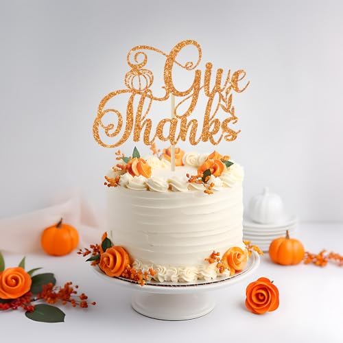 Give Thanks Cake Topper, Thanksgiving Cake Decor, Pumpkin Fall Theme Cake Picks for Thanksgiving, Friends Giving Decorations, Thankful Party Decoration Orange Glitter