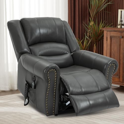 Dual Motor Power Lift Chair, Lay Flat Recliner Chair, Electric Recliner with Massage and Heat for Elderly, Remote Control, Infinite Position, Standing Assistance, USB Ports (Grey, Breathable Leather)