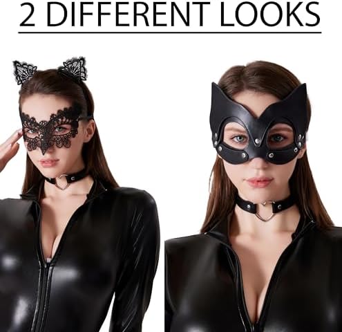 Maxim Party Supplies Leather Catsuit Costume Bodysuit for Women 5 Piece Latex Jumpsuit include 2 Masks, Choker, and Cat Ears