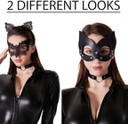 Maxim Party Supplies Leather Catsuit Costume Bodysuit for Women 5 Piece Latex Jumpsuit include 2 Masks, Choker, and Cat Ears