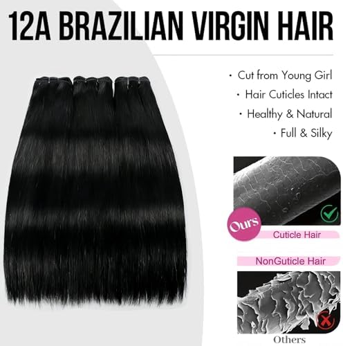 12A Human Hair Bundles 16 18 20 22 Inch Straight Bundles Human Hair Extensions Brazilian Virgin 100% Unprocessed Raw Straight Hair 4 Bundles Human Hair Natural Color